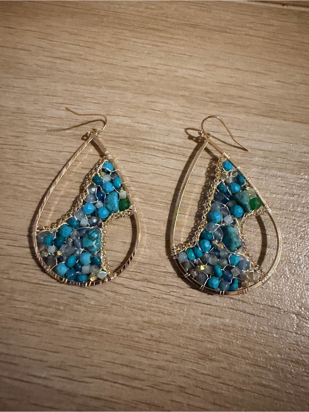 Nakamol Gold Teardrop Earrings with Turquoise and Green Beads
